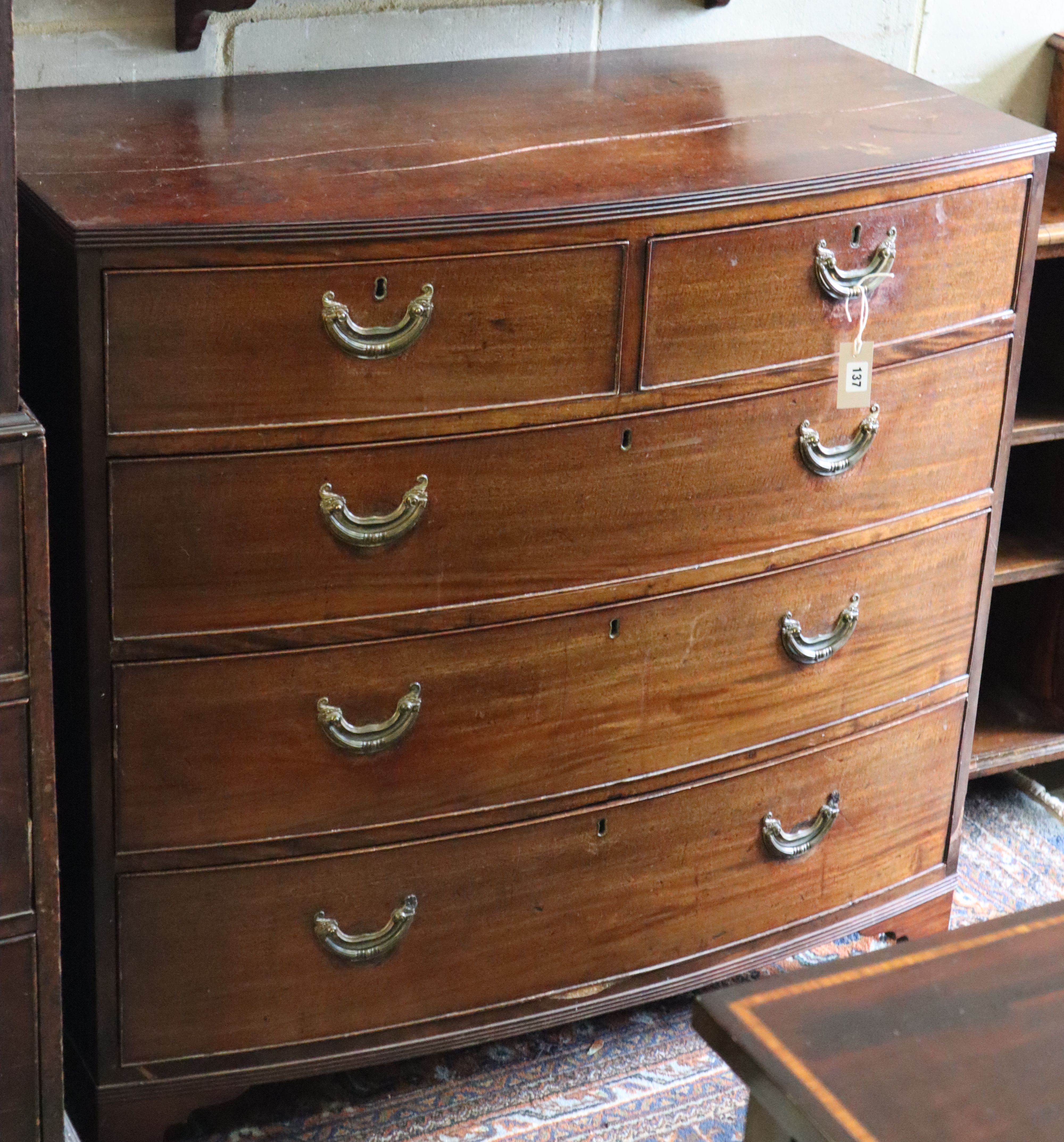 A George IV mahogany bow front chest, width 107cm, depth 52cm, height 107cm